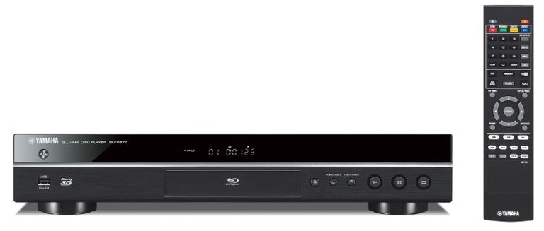 The Yamaha BD-S677 blu-ray 3D player with included remote.