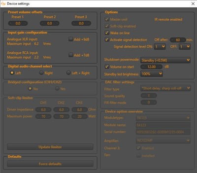 SBS device settings menu