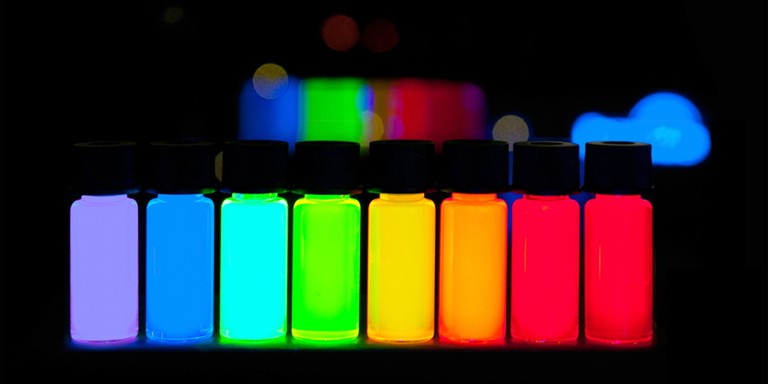 Quantum Dots produced in kg scale with gradually stepping emission from violet to deep red.  Image courtesy of www.plasmachem.com